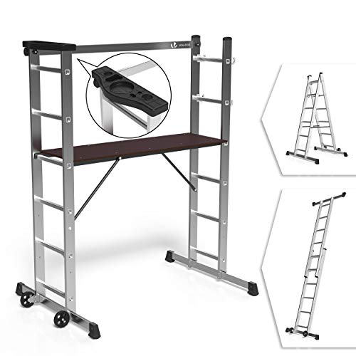 VOUNOT 3 en 1 Andamio de Aluminio Multipropósito, Escalera Combinación y Andamio Plataforma de Trabajo, con 6 Peldaños y Ruedas, Carga máxima 150 kg