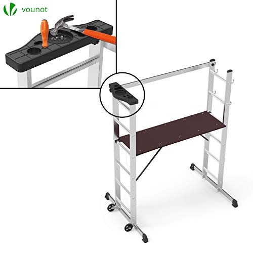 VOUNOT 3 en 1 Andamio de Aluminio Multipropósito, Escalera Combinación y Andamio Plataforma de Trabajo, con 6 Peldaños y Ruedas, Carga máxima 150 kg