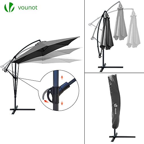 VOUNOT 300 cm Parasol Excentrico, Sombrilla de Jardín con Manivela, Funda Protectora y Correa de Fijación, Protección UV, Gris