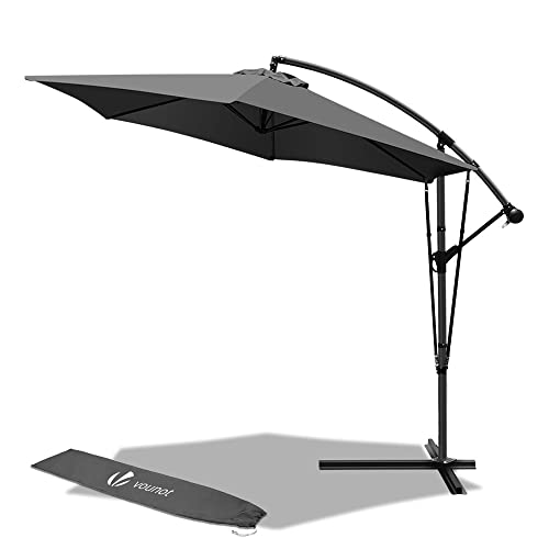 VOUNOT 300 cm Parasol Excentrico, Sombrilla de Jardín con Manivela, Funda Protectora y Correa de Fijación, Protección UV, Gris