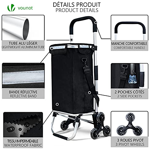 VOUNOT Carrito Compra Plegable de Aluminio, Carro de la Compra 6 Ruedas con Bolsa Impermeable Desmontable, 50L, Negro