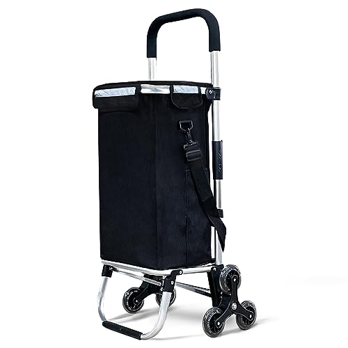 VOUNOT Carrito Compra Plegable de Aluminio, Carro de la Compra 6 Ruedas con Bolsa Impermeable Desmontable, 50L, Negro