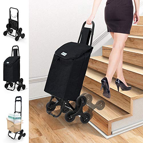 VOUNOT Carro de la Compra con 6 Ruedas para Subir Escaleras, Carrito de la Compra Plegable, Bolsa Impermeable de 32 L, Negro