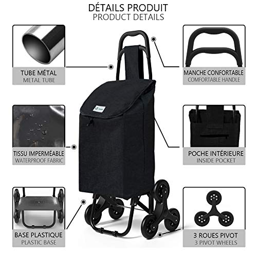 VOUNOT Carro de la Compra con 6 Ruedas para Subir Escaleras, Carrito de la Compra Plegable, Bolsa Impermeable de 32 L, Negro