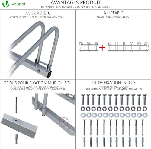 VOUNOT Soporte para Aparcar 5 Bicicletas, Aparcamiento Estacionamiento para Bicis, Suelo y Pared Montaje, Interior y Exterior