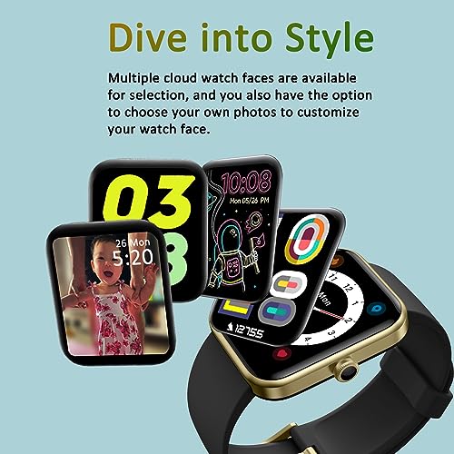 Vowtop 1.69" Reloj Inteligente Hombres Mujeres,Alexa Integrada,Oxígeno en Sangre,Ritmo Cardíaco,Seguimiento de Ejercicio,Notificaciones,14 Modos Deportivos.Smartwatch para Android iOS,Negro y Dorado