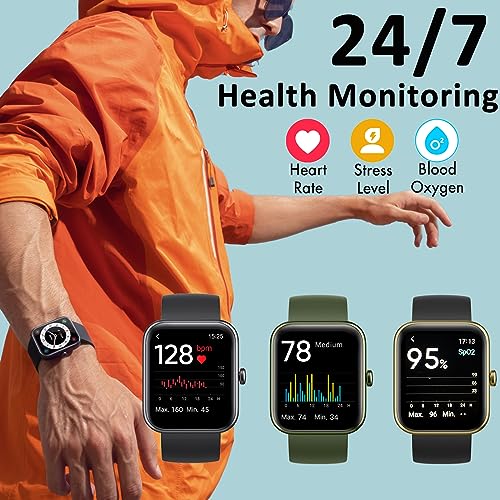 Vowtop 1.69" Reloj Inteligente Hombres Mujeres,Alexa Integrada,Oxígeno en Sangre,Ritmo Cardíaco,Seguimiento de Ejercicio,Notificaciones,14 Modos Deportivos.Smartwatch para Android iOS,Negro y Dorado