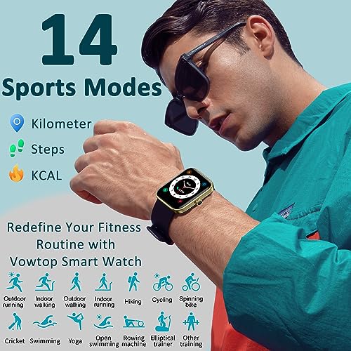 Vowtop 1.69" Reloj Inteligente Hombres Mujeres,Alexa Integrada,Oxígeno en Sangre,Ritmo Cardíaco,Seguimiento de Ejercicio,Notificaciones,14 Modos Deportivos.Smartwatch para Android iOS,Negro y Dorado