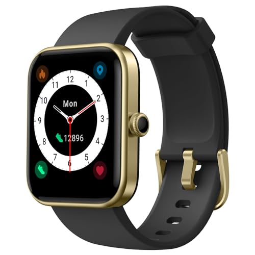 Vowtop 1.69" Reloj Inteligente Hombres Mujeres,Alexa Integrada,Oxígeno en Sangre,Ritmo Cardíaco,Seguimiento de Ejercicio,Notificaciones,14 Modos Deportivos.Smartwatch para Android iOS,Negro y Dorado