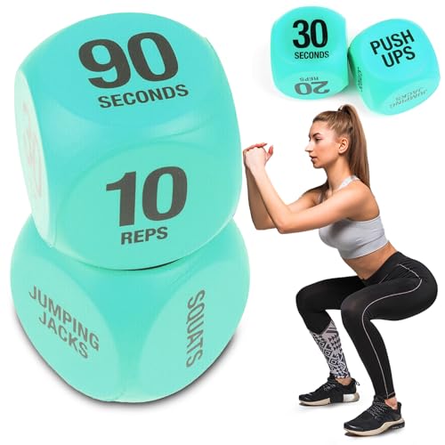 VOXXU Paquete de 2 dados de ejercicio de fitness para clases de cardio, HIIT y ejercicio – Divertidos dados de fitness | Accesorios de gimnasio convenientes y portátiles | Rutina de lluvia de todo el