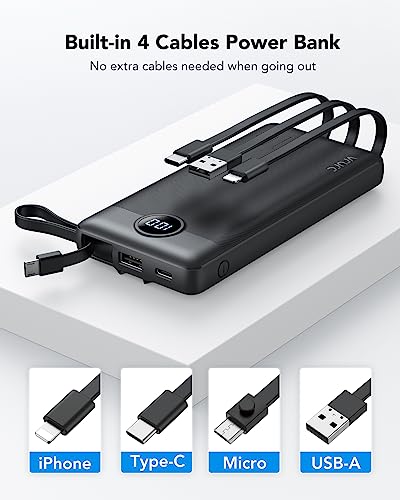 VRURC Power Bank 10000mAh Batería Externa con 4 Cables de Carga Integrados UCB C Cargador Movil Portátil Pantalla Digital LED con 4 Salidas y 2 entradas Compatible con Huawei y Smartphone