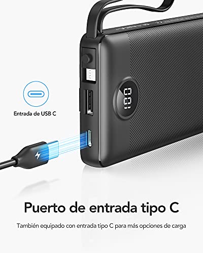 VRURC Power Bank 10000mAh Batería Externa con 4 Cables de Carga Integrados UCB C Cargador Movil Portátil Pantalla Digital LED con 4 Salidas y 2 entradas Compatible con Huawei y Smartphone