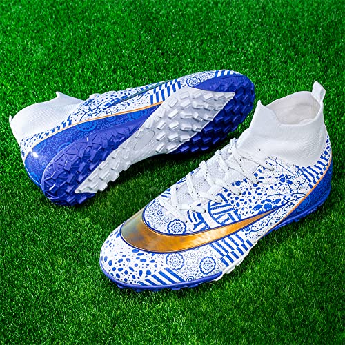 VTASQ Zapatos de Fútbol Hombre FG/AG Profesionales Alta Botas de Fútbol Niños Spike Aire Libre Atletismo Training Zapatillas de Fútbol Zapatillas de Deporte Entrenamiento Blanco/Azul 39 EU