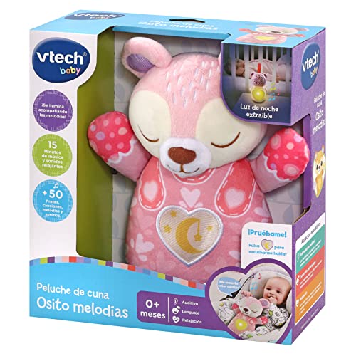 VTech Peluche de Cuna Osito melodías, Juguete para bebés +0 Meses, Color Rosa, Versión ESP (3480-539857)