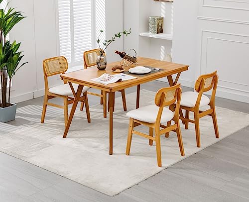 Wahson Juego de 4 Sillas de Comedor Madera Tapizada Sillas de Cocina con Respaldo de Rattán, Sillas Laterales Modernas para Restaurante/Salón, Beige