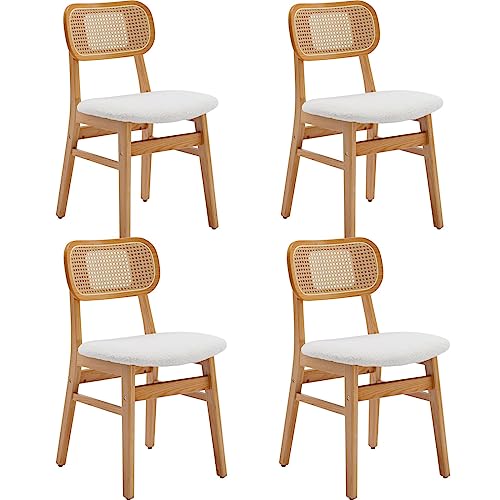 Wahson Juego de 4 Sillas de Comedor Madera Tapizada Sillas de Cocina con Respaldo de Rattán, Sillas Laterales Modernas para Restaurante/Salón, Beige