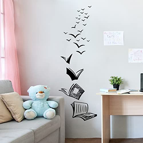 WandSticker4U® - Adhesivo decorativo para pared, diseño de libro volador, color negro, 38 x 110 cm, para habitación juvenil, niña y joven, lectura fresca, para pared, adolescente, habitación