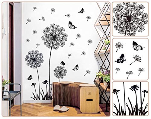 WandSticker4U®- pegatinas de pared DIENTES DE LÉON I (165 x 130 cm) I negro blanco mariposa naturaleza flores I adhesivos pared decorativos habitación salón dormitorio baños cocina