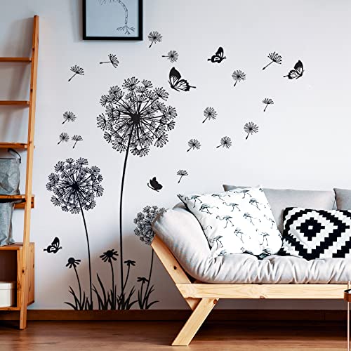 WandSticker4U®- pegatinas de pared DIENTES DE LÉON I (165 x 130 cm) I negro blanco mariposa naturaleza flores I adhesivos pared decorativos habitación salón dormitorio baños cocina