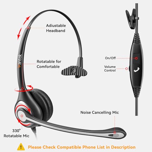 Wantek Auriculares Mono 601F Enchufe de 3,5 mm (Incluido el Conector 2.5), con micrófono de reducción de Ruido, Adecuado para el Centro de Llamadas PC Tablet Smartphone MP3 Online Conference