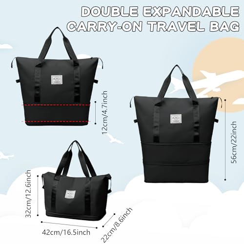 Wasarmir Bolsa de Viaje Plegable, Bolsa Deporte Impermeable con Bolsa Húmeda, Expandible Bolsas de Viaje Mujer Fin de Semana, Ligera Bolsa Gimnasio Bolsa de Mano para Deporte, Vacaciones, Negro