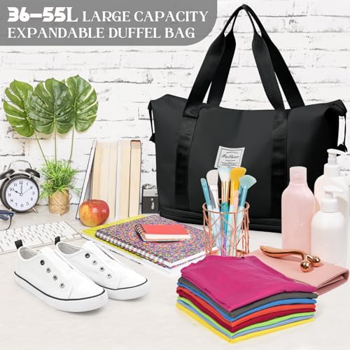 Wasarmir Bolsa de Viaje Plegable, Bolsa Deporte Impermeable con Bolsa Húmeda, Expandible Bolsas de Viaje Mujer Fin de Semana, Ligera Bolsa Gimnasio Bolsa de Mano para Deporte, Vacaciones, Negro