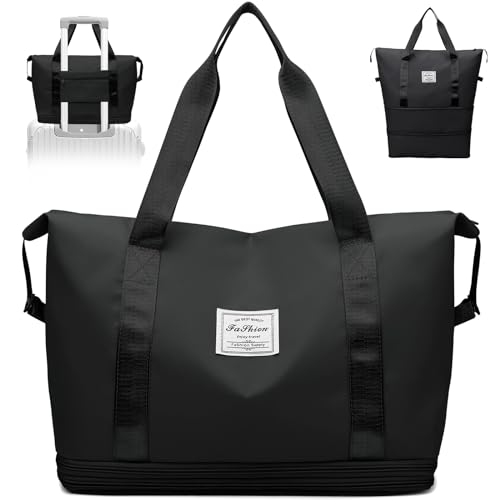 Wasarmir Bolsa de Viaje Plegable, Bolsa Deporte Impermeable con Bolsa Húmeda, Expandible Bolsas de Viaje Mujer Fin de Semana, Ligera Bolsa Gimnasio Bolsa de Mano para Deporte, Vacaciones, Negro