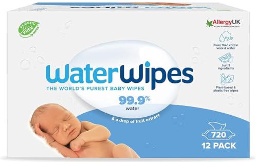 WaterWipes Toallitas húmedas Originales para Bebés, Sin Plástico, 720 unidades (Paquete de 12), 99,9% Base de Agua, y Sin Perfume para Pieles Sensibles