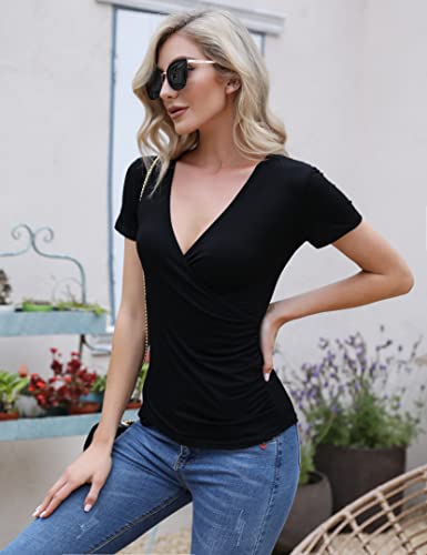 Wayleb Camisetas Sexy Mujer Camiseta con Cuello en V Blusa Camiseta de Manga Larga/Corta sin Mangas Camiseta Tirantes Tank Top con Diseño Cruzado Slim Fit para Yoga,Fiesta,Diario