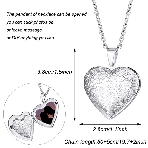 Weenkeey 2 collares con medallón de corazón de amor que sostiene fotos de acero inoxidable en forma de corazón, collar con colgante de foto de memoria para mujeres y niñas, estilo 5, plata