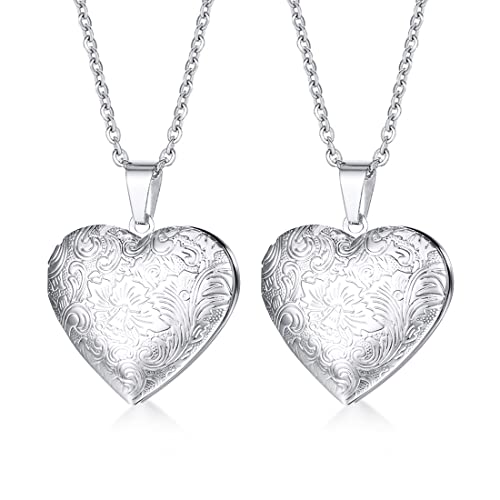 Weenkeey 2 collares con medallón de corazón de amor que sostiene fotos de acero inoxidable en forma de corazón, collar con colgante de foto de memoria para mujeres y niñas, estilo 5, plata