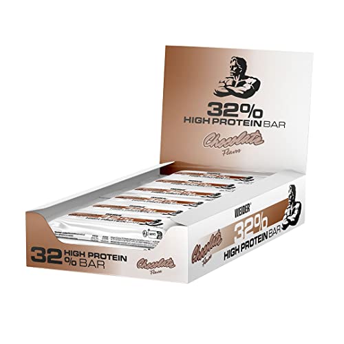 WEIDER 32% Protein Bar, deliciosa barrita protéica recubierta de chocolate fino, alto contenido en proteínas, barrita energética, snack para aumento masa muscular, Chocolate, 12 x 60 g