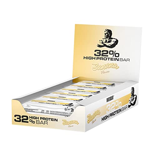 WEIDER 32% Protein Bar, deliciosa barrita protéica recubierta de chocolate fino, alto contenido en proteínas, barrita energética, snack para aumento masa muscular, Banana, 12 x 60 g