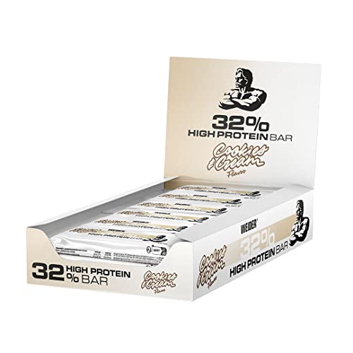 WEIDER 32% Protein Bar, deliciosa barrita protéica recubierta de chocolate fino, alto contenido en proteínas, barrita energética, snack para aumento masa muscular, Galletas y crema, 12 x 60 g