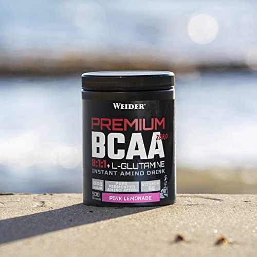 Weider BCAA 8:1:1+L-Glutamina (500g). Sabor Pink Lemonade. Con Vitamina B6. Sin azúcar, sin lactosa, sin colorantes artificiales. Vegan