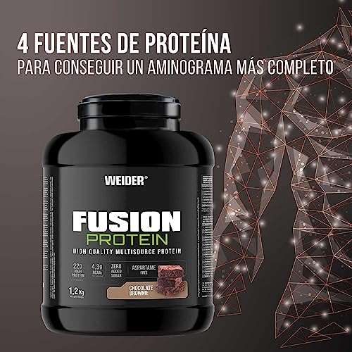 Weider Fusion Protein (1,2kg) Sabor Chocolate Brownie. Proteína a base 4 fuentes de proteínas de calidad, origen animal y vegetal, 22g Proteínas + 4,3g BCAA/porción, Sin Azúcar añadido, Sin Aspartamo