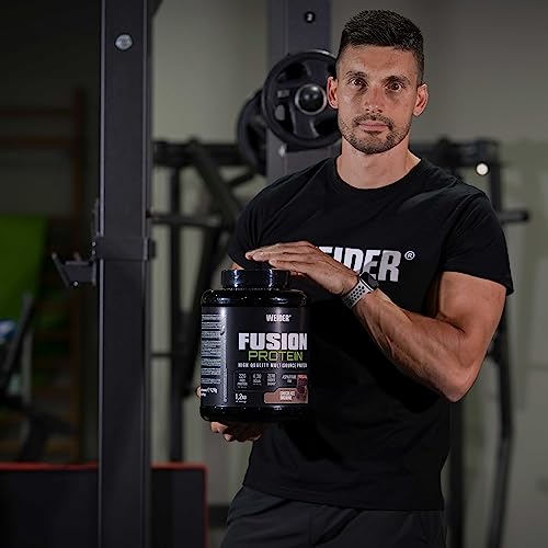 Weider Fusion Protein (1,2kg) Sabor Chocolate Brownie. Proteína a base 4 fuentes de proteínas de calidad, origen animal y vegetal, 22g Proteínas + 4,3g BCAA/porción, Sin Azúcar añadido, Sin Aspartamo