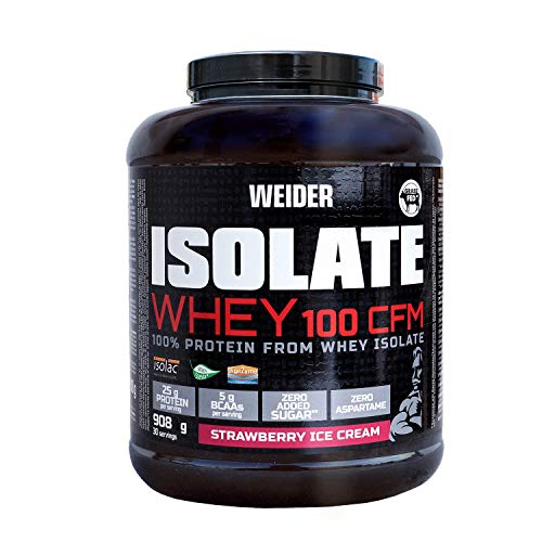 Weider, Isolate Whey 100CFM, 100% Aislado de Proteina de Suero, Alta Pureza y Cero Azúcar y Cero Aspartamo, Sabor Helado de Frambuesa, Bote con 908 g