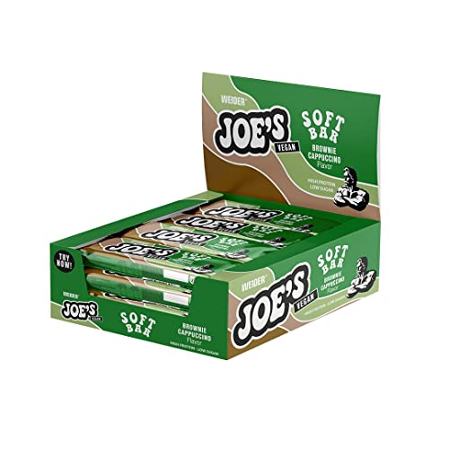 WEIDER Joe's Vegan Soft Bar, deliciosa barrita de proteína vegana con núcleo de proteína suave y trocitos crujientes de almendra, baja en azúcar, sabor Brownie-Cappuccino, 12 x 50g