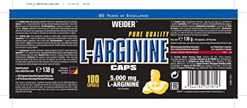 Weider L-Arginina Pura. Desarrollo de masa muscular libre de grasa. Favorece la recuperación post-entreno (100 Cápsulas - 1 g de L-Arginina por cápsula.)