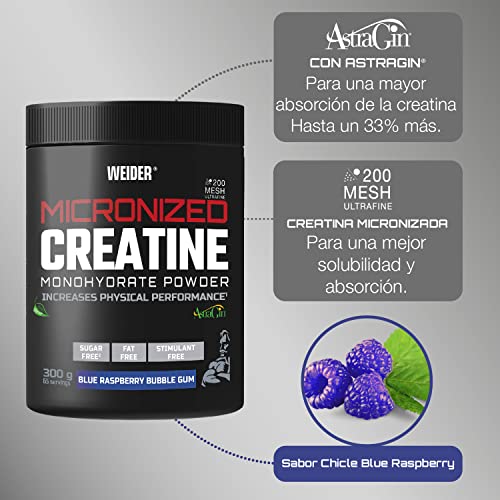 Weider Micronized Creatine Monohydrate Powder (300g) Sabor Chicle de Frambuesa. Monohidrato de Creatina 200 Mesh con AstraGin, Stevia, Sin Grasa, Sin Estimulante, Vegan