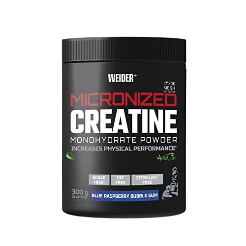 Weider Micronized Creatine Monohydrate Powder (300g) Sabor Chicle de Frambuesa. Monohidrato de Creatina 200 Mesh con AstraGin, Stevia, Sin Grasa, Sin Estimulante, Vegan