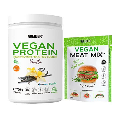 WEIDER PACK Vegan Protein Sabor Vainilla (750g) + Vegan Meat Mix (150g). Proteínas de Calidad, 100% Vegetal. Pack completo para fácil preparación de tus bebidas y comidas proteicas. Sin Gluten.