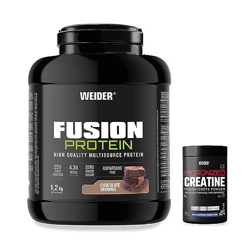 Weider PREMIUM PACK Fusion Protein Sabor Chocolate Brownie (1,2kg) + Micronized Creatine Sabor Chicle Frambuesa (70g). Pack Entreno Con Proteína 4 fuentes con 22g/dosis y Creatina 200 Mesh de Calidad