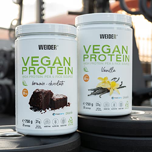 Weider Vegan Protein (750g) Sabor Brownie-Chocolate. Proteína Vegana 21g/dosis Aislada Guisante (Pisane) y Arroz. Con Vitamina B12 y Stevia. Sin Gluten, Sin Azúcar.