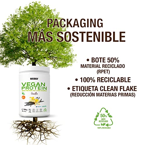 Weider Vegan Protein (750g) Sabor Vainilla. 23g/dosis Aislada Guisante (Pisane) y Arroz. Con Vitamina B12 y Stevia. Sin Gluten, Sin Azúcar. Bote 50% Reciclado, 100% Reciclable