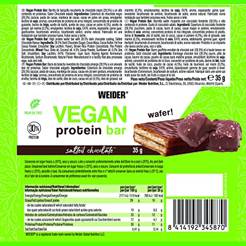 Weider vegan protein bar. Snack Vegano. Barrita de barquillo con cobertura de chocolate. Sin aceite de palma. Sabor Chocolate Saladoo . Caja de 12 barritas de 35gr