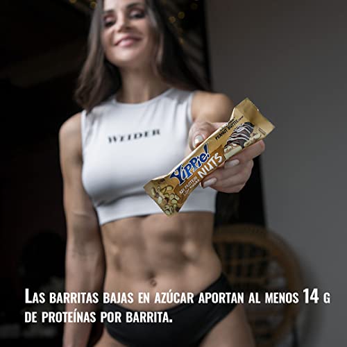 Weider Yippie Nuts Barrita proteica, caramelo-mantequilla de cacahuete, 12 barritas x 45 g, con auténticas nueces