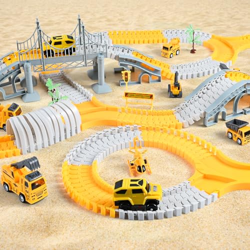 Weinsamkeit 345 Piezas Pista de Coches para Niños, Juguetes de Circuito Coches Flexible con 7 Camión Juguete y 2 Coches Eléctricos, Juego para Niño 3 4 5 6 Años Regalo Ideal