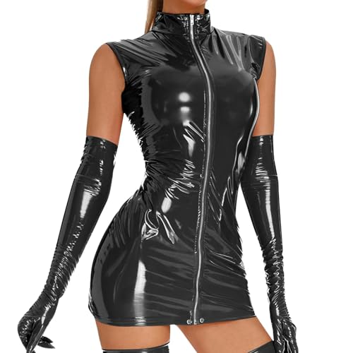 WEITING Tallas Grandes Mujeres Sexy Wetlook PU Mini Vestido de Cuero Sintético Vestido de Noche de Látex Brillante Bolso Ajustado con Cremallera Vestido Corto a la Cadera Disfraces Sexy-Negro-M